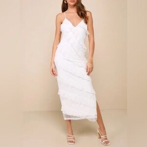 Lulus Women’s White Swiss Dot Ruffle Midi Dress Spaghetti Straps Size S